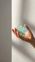 Hand holding glowing green water drop with leaf symbol representing environmental protection and sustainability concept for eco-friendly business solutions.