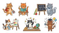 Cartoon cats engaged in various educational and creative activities including painting, reading, math lessons, and learning, isolated on white background, suitable for children's educational materials, clipart, and design projects.