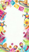 Colorful Mexican fiesta frame with maracas, sombreros, papel picado banners, pinatas and chili peppers on white background for party invitations and celebrations.