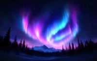 Vibrant aurora borealis dancing across night sky with pink and blue lights illuminating mountain landscape and silhouetted pine forest in magical winter scene.