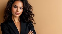 Professional businesswoman with curly hair in black blazer against beige background for corporate marketing and career success concepts.