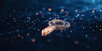 Glowing digital key floating in dark blue cyberspace with bokeh light effects, representing digital security and data protection concept. Suitable for cybersecurity designs.