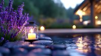Illuminated lantern with candle beside blooming lavender flowers on wet stones near water at dusk, creating a serene outdoor ambiance for relaxation and wellness design projects.