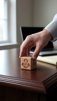 Business professional hand placing wooden cube with partnership handshake symbol on office desk for corporate collaboration and teamwork concepts.