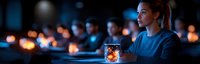 Young woman in blue sweater sitting alone at night with glowing glass of drink, illuminated by warm candlelight in dark atmospheric setting.