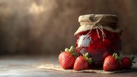 Glass jar filled with homemade strawberry jam on rustic wooden table with fresh ripe berries and burlap cloth, moody natural lighting creates cozy kitchen atmosphere.