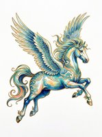 Ornate winged pegasus with gold and blue decorative patterns, isolated on transparent background. Ready for t-shirt design, clipart, stickers, sublimation, and print-on-demand products.