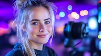 Young blonde woman smiling at camera in vibrant neon-lit nightclub or bar setting with purple and pink bokeh lights creating atmospheric party background.