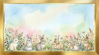 Watercolor illustration of cute rabbits sitting among wildflowers and garden plants in soft pastel colors, perfect for children's books, nursery decor, and Easter designs.