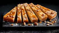 Sliced caramel fudge bars with hazelnuts and sea salt on dark stone board, sweet homemade dessert confectionery against black background.