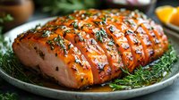 Glazed salmon fillet with honey marinade, fresh herbs and spices on gray plate. Juicy sliced fish with caramelized crust and dill garnish for restaurant menu.