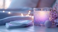 Mystical tarot cards deck near glowing purple candle with magical sparkles and cherry blossom flowers on soft fabric in dreamy evening light.