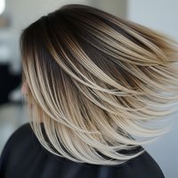 Layered blonde balayage bob haircut with dimensional highlights and lowlights showcasing modern hair coloring technique for salon styling inspiration.