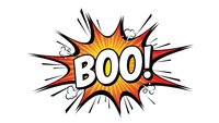 Comic book style BOO explosion burst with dynamic rays and motion lines on white background for Halloween designs and pop art projects.