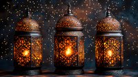 Glowing oriental lanterns with intricate metalwork pattern against dark background with bokeh lights create magical Ramadan atmosphere.