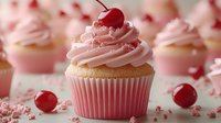 Pink frosted cupcake topped with fresh cherry and sprinkles on pink background, selective focus on front dessert with blurred similar treats behind, food photography.