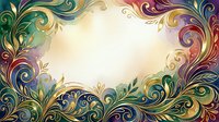 Ornate colorful swirling flourishes frame a blank center space, featuring vibrant teal, gold, purple and red decorative scrollwork borders for invitations, cards and design projects.
