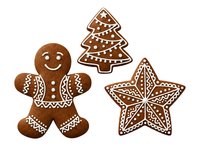 Gingerbread man, tree and star cookies with white icing decoration isolated on white background, ready for holiday designs, greeting cards, bakery packaging and festive marketing materials.