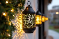 Decorative metal lanterns with intricate cutout pattern casting warm glowing light patterns on wall, hanging outdoors with Christmas tree branches and bokeh lights.