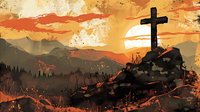 Dramatic sunset landscape with silhouette of cross on hilltop against orange sky, mountain ranges and forest in background, spiritual outdoor scene.