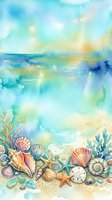 Watercolor beach scene with colorful seashells, starfish, coral, and sand dollars on sandy shore with turquoise ocean background.