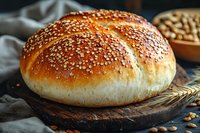 Fresh baked round bread loaf with sesame seeds on wooden cutting board, golden brown crust, rustic food photography with wheat stalks and seeds.