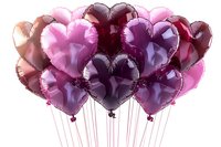 Romantic heart shaped foil balloons in shades of pink and purple floating together against white background, perfect for Valentine's day or wedding celebration designs.