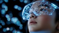 Young Asian woman wearing futuristic luminous glasses with digital pattern overlay against dark background with bokeh lights, representing virtual reality technology.