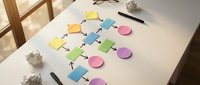 Business planning workflow with colorful sticky notes and arrows on white desk showing project management process and brainstorming organization.