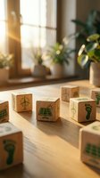 Wooden blocks with eco-friendly symbols on table in sunlit room with plants. Sustainable living and environmental awareness concept for education.