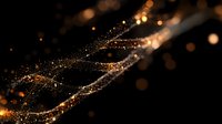 Glowing golden particles form elegant waves against dark background, creating magical light trails with bokeh effect and sparkling dust for festive designs.