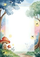Watercolor fairy tale forest frame with mushroom house, fireflies and magical trees creating enchanted border for children stories and fantasy designs.