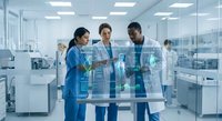 Three diverse medical professionals in scrubs collaborating with futuristic holographic interface technology in modern hospital laboratory setting.