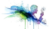 Abstract human silhouette with colorful flowing elements, geometric shapes and scientific symbols representing innovation and creativity in modern design.