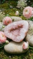 Pink amethyst geode with delicate ranunculus flowers and baby's breath arranged on natural stones and moss for botanical and mineral styling.