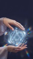 Hands protecting glowing geometric hologram with network connections and light effects on dark background for technology and innovation concepts.