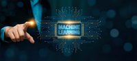 Businessman pointing at glowing machine learning processor chip with circuit board patterns and digital connections on dark technology background.