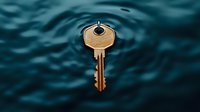 Golden key floating above rippling dark blue water surface creating concentric circles, dramatic lighting highlights metallic texture against moody aqua background.