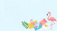 Flamingo birds with geometric shapes, tropical leaves, and origami paper elements on isolated light background for design projects.