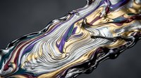Fluid abstract art with swirling metallic colors in purple, gold and silver creating dynamic liquid marble texture for modern design backgrounds.