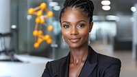 Young African American businesswoman with braided hairstyle and black blazer smiling confidently in modern office setting with decorative lighting in background.