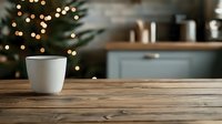 White ceramic cup on rustic wooden table with blurred Christmas tree lights and cozy kitchen interior in background creating warm holiday atmosphere.