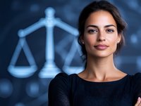 Young Hispanic female lawyer in black business attire looking confident against blurred background with justice scales symbol, representing legal profession and law firm services.