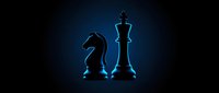 Chess pieces king and knight with blue neon glow on dark background for strategic business concepts and competitive gaming themes.