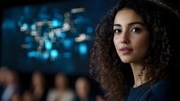 Young woman with curly dark hair and medium brown skin tone looking at camera against blurred blue digital network background, suitable for technology, innovation, and business concepts.