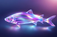 Luminescent fish with iridescent scales glowing in vibrant purple and blue hues against dark background, creating magical underwater atmosphere. Suitable for fantasy designs.