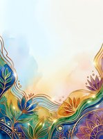 Watercolor floral background with gold line art flowers, lotus, and mandala in blue, purple, and orange tones with copy space.