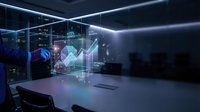 Futuristic office conference room with holographic data visualization, glowing neon blue lighting, and digital charts floating above modern desk for corporate presentations.