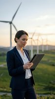 Professional businesswoman engineer using tablet at wind farm during sunset for renewable energy project management and sustainable technology development.
