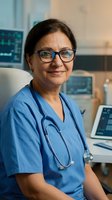 Middle-aged Hispanic female doctor in blue scrubs with stethoscope smiling in modern hospital room with medical equipment and monitors in background.